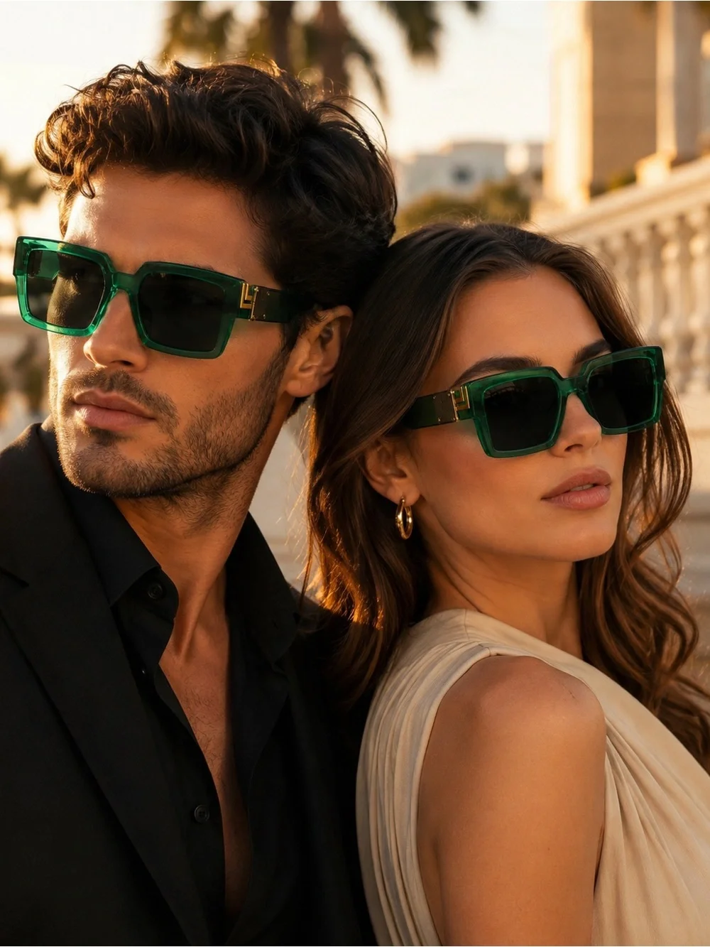 Unisex Emerald Green Square Sunglasses with Gold-Tone Detail